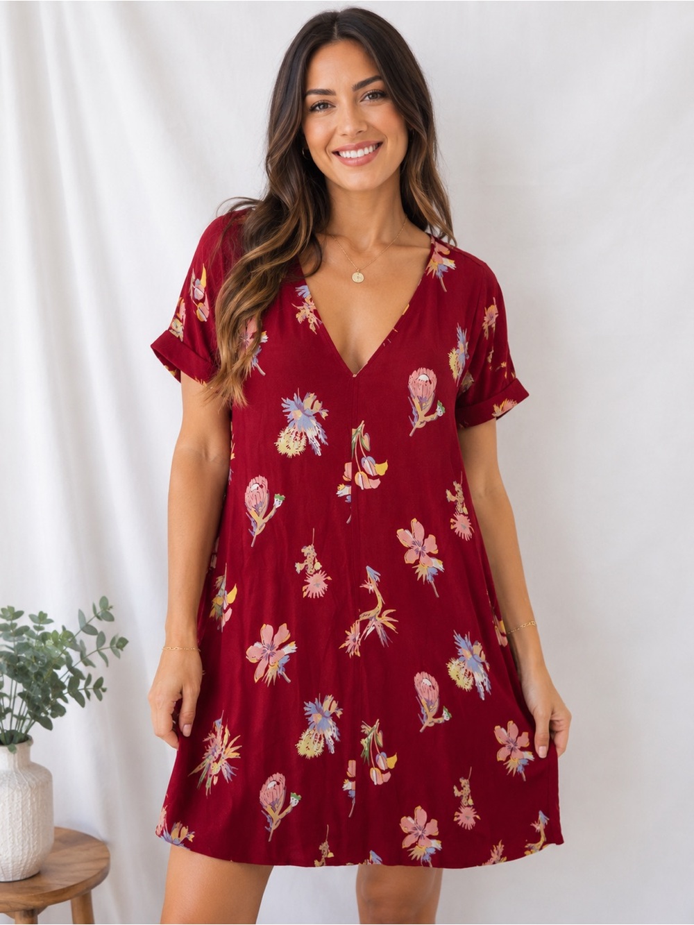 Madewell Red Floral V Neck Shift Dress XL Short Sleeve Boho Summer